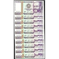 Lot of (10) 1988 Peru Cinco Mil Intis Uncirculated Bank Notes