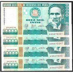 Lot of (4) 1988 Peru Diez Mil Intis Uncirculated Bank Notes