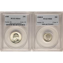 Lot of 1948-D Roosevelt Dime Coin PCGS MS66 & 1948 Washington Quarter Coin PCGS