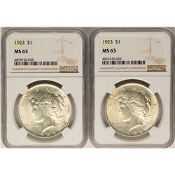 Lot of (2) 1923 $1 Peace Silver Dollar Coins NGC MS63