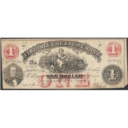 1862 $1 Virginia Treasury Obsolete Note