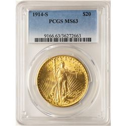 1914-S $20 St. Gaudens Double Eagle Gold Coin PCGS MS63