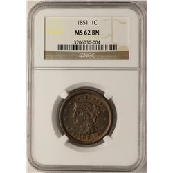 1851 Braided Hair Large Cent Coin NGC MS62BN