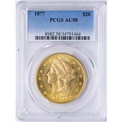 1877 $20 Liberty Head Double Eagle Gold Coin PCGS AU58