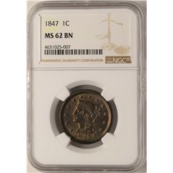 1847 Braided Hair Large Cent Coin NGC MS62BN