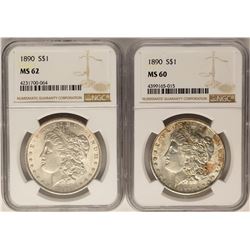 Lot of (2) 1890 $1 Morgan Silver Dollar Coins NGC MS60 & MS62