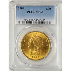 1904 $20 Liberty Head Double Eagle Gold Coin PCGS MS61