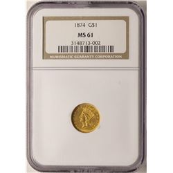 1874 $1 Indian Princess Head Gold Dollar Coin NGC MS61