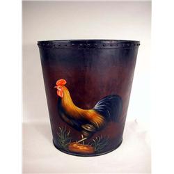A LARGE ROOSTER-DECORATED MODERN WASTEBASKET