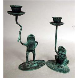 TWO PATINATED METAL FROG-FORM SINGLE LIGHT CANDLE