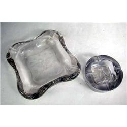 TWO COLORLESS GLASS ASH TRAYS