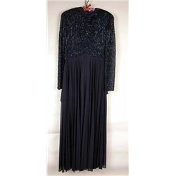 A VICTORIA NAVY WITH BEADED BODICE EVENING GOWN