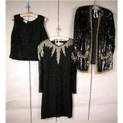 A SWEELO BLACK BEADED DRESS WITH SILVER SEQUINS T