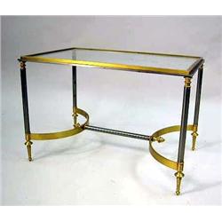 A NEOCLASSICAL STYLE BRASS, STEEL AND GLASS LOW T