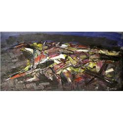 AN OIL ON CANVAS, TITLED "LES COURSES"
