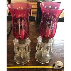 PAIR OF CRANBERRY GLASS LUSTRES WITH PRISMS