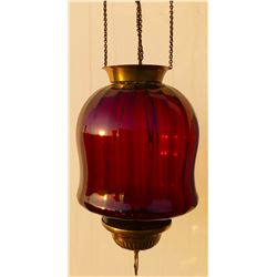 ANTIQUE BRASS & CRANBERRY GLASS HANGING LAMP