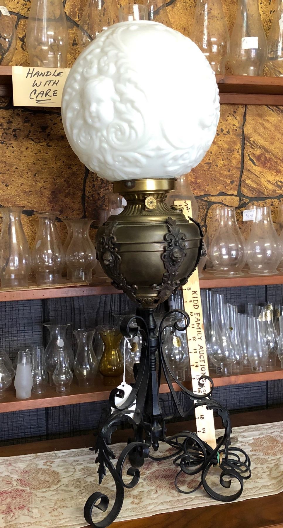 ANTIQUE BANQUET LAMP, BRASS & GLASS.