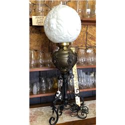 ANTIQUE BANQUET LAMP, BRASS & GLASS.