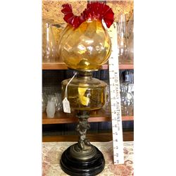 ANTIQUE BANQUET LAMP, BRASS & AMBER GLASS