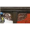 Image 11 : Black & Red Lacquered Oriental Console w/ Cabinet & Drawers, Hinge Detail, 59 x 17.5D x 36"H