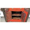 Image 15 : Black & Red Lacquered Oriental Console w/ Cabinet & Drawers, Hinge Detail, 59 x 17.5D x 36"H