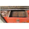 Image 3 : Black & Red Lacquered Oriental Console w/ Cabinet & Drawers, Hinge Detail, 59 x 17.5D x 36"H