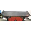 Image 4 : Black & Red Lacquered Oriental Console w/ Cabinet & Drawers, Hinge Detail, 59 x 17.5D x 36"H