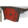 Image 6 : Black & Red Lacquered Oriental Console w/ Cabinet & Drawers, Hinge Detail, 59 x 17.5D x 36"H