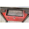 Image 8 : Black & Red Lacquered Oriental Console w/ Cabinet & Drawers, Hinge Detail, 59 x 17.5D x 36"H