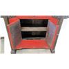 Image 9 : Black & Red Lacquered Oriental Console w/ Cabinet & Drawers, Hinge Detail, 59 x 17.5D x 36"H