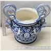 Image 14 : Blue & White Ceramic Italian Vase with Ornate Handles 12"H