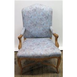 Silk Upholstered Wood Chair, Carved Details, 45" Back Ht.