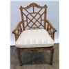 Image 1 : Carved Antique Wood Armchair with Fretted Back, Cane Rattan Seat