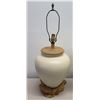 Image 2 : Pair of Milk White Urn Ceramic Lamps, w/ Natural Wood Base & Top Fittings 32"H