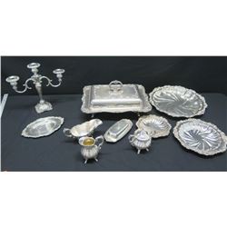 Set of Matching Serveware, Butter Dish, Gravy Boat, Sugar Bowl, Creamer, Candelabra ("Baroque by Wal