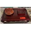 Image 2 : Carved Dark Wood Stand (19" x 12." x 3.5"H), Small Square Wood Tray, Round Wood Stand