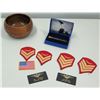 Image 1 : Vial of Rocks/Gravel from Iwo Jima (66th Anv), Misc. Chevron Badges, USA Flag