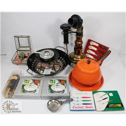 BOX OF ASST HOUSEHOLD INCL SILVER PLATED BOTTLE