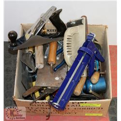 BOX OF ASSORTED TOOLS INCL HAND SANDER, CAULKING