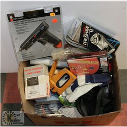 BOX OF MISC INCL SCREW DRIVER KIT, GLUE GUN AND
