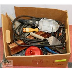 BOX OF TOOLS INCL WORK LIGHT, WRENCH AND MORE