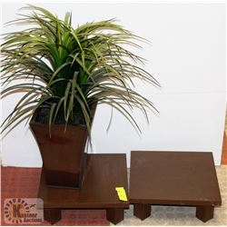 PAIR OF WOOD PLANT STANDS WITH 28" TALL SILK PLANT