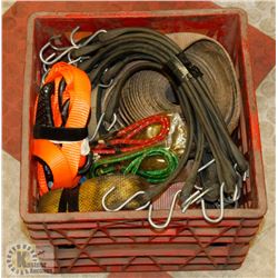 CRATE OF STRAPS, BUNGE CORDS & RATCHET STRAPS