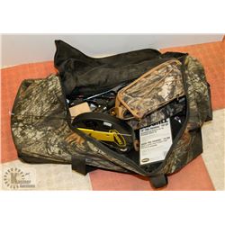 CAMO DUFFLE BAG WITH ASSORTED ITEMS INCL FISHING