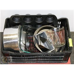 BOX OF BAKEWARE, INCLUDES PYREX, PASTRY CUTTER