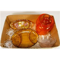 BOX OF DEPRESSION GLASS AND MORE