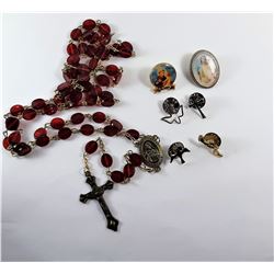 4)  RED FLAT GLASS ROSARY WITH MEDAL