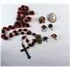 Image 1 : 4)  RED FLAT GLASS ROSARY WITH MEDAL