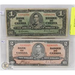 LOT OF 2 1937 BILLS, $1, $2